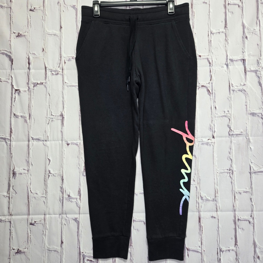 PINK Victoria's Secret Black Rainbow Ombre Logo Joggers Sweatpants Womens Medium